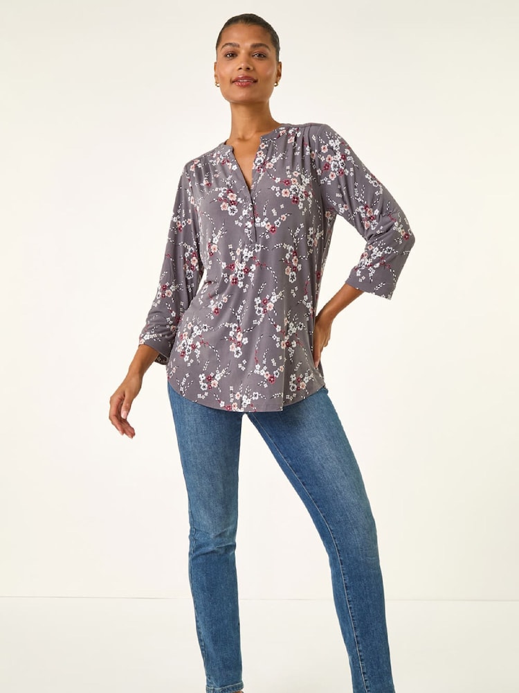 Roman Grey Floral Puff Print Stretch Shirt - Image 2 of 5