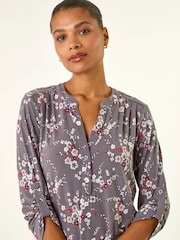 Roman Grey Floral Puff Print Stretch Shirt - Image 4 of 5
