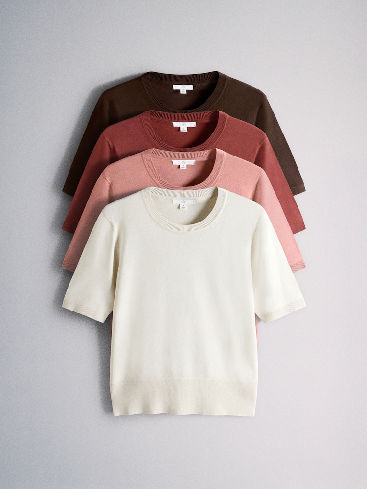 The Set 4 Pack Crew Neck Fine Knit T-shirts Chocolate Brown/Red/Pink/Cream - Image 1 of 6