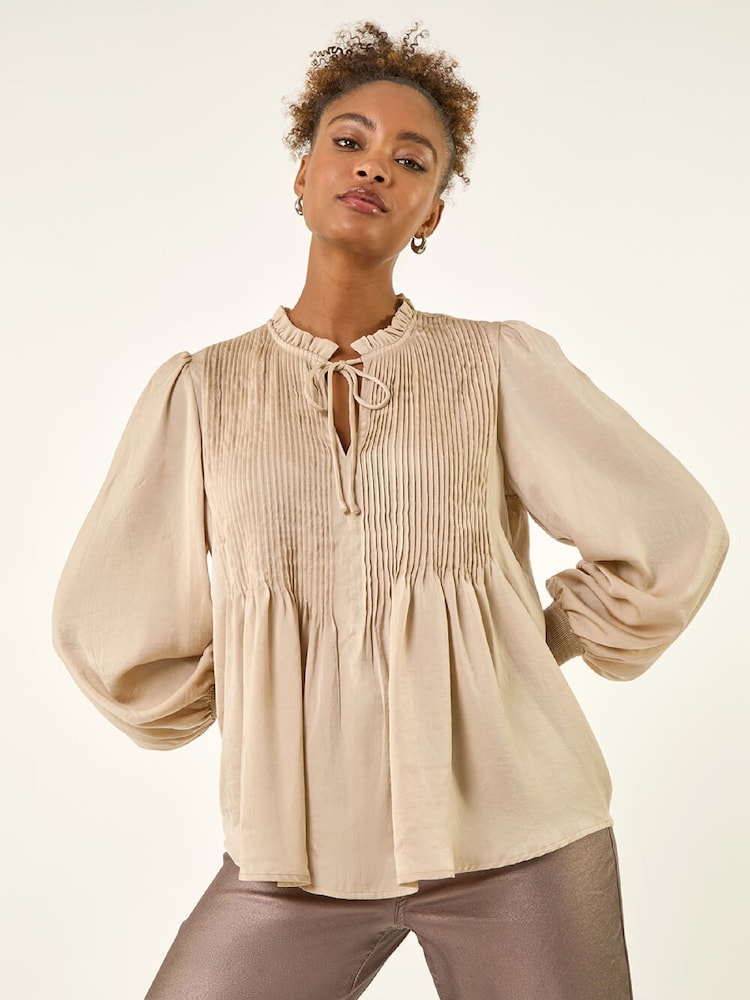 Roman Natural Satin Pleated Tie Neck Tunic Top - Image 1 of 5 Roman Natural Satin Pleated Tie Neck Tunic Top - Image 1 of 5