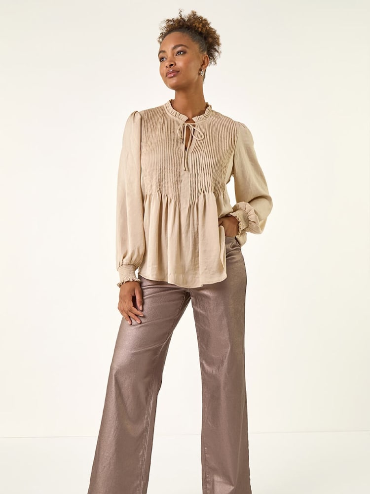 Roman Natural Satin Pleated Tie Neck Tunic Top - Image 2 of 5 Roman Natural Satin Pleated Tie Neck Tunic Top - Image 2 of 5