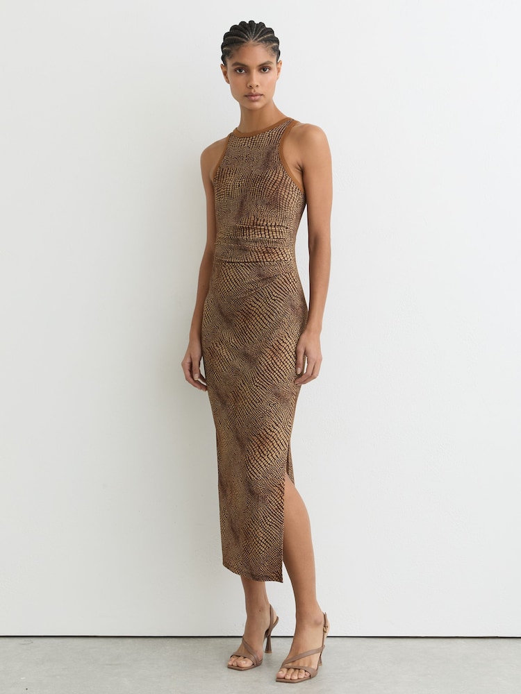 Reiss Brown Lola Snake-Print Jersey Racer Midi Dress - Image 1 of 6 Reiss Brown Lola Snake-Print Jersey Racer Midi Dress - Image 1 of 6