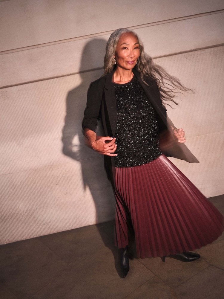 JD Williams Red PU Pleated Midi Skirt - Image 1 of 5 JD Williams Red PU Pleated Midi Skirt - Image 1 of 5