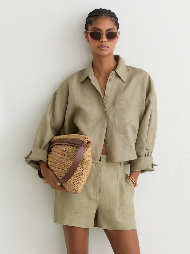 Reiss Sage Green Ashby Linen Shorts - Image 1 of 7