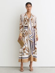 Reiss Ivory/Neutral Ellie Petite Foulard-Print Tie-Neck Midi Dress - Image 1 of 10