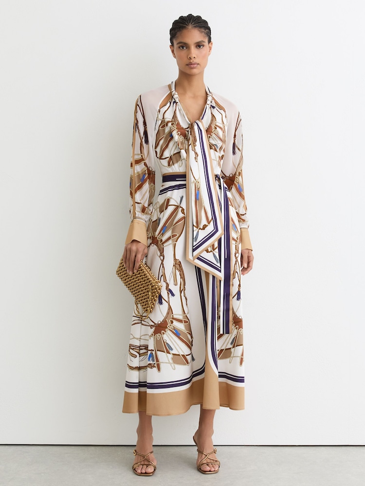 Reiss Ivory/Neutral Ellie Petite Foulard-Print Tie-Neck Midi Dress - Image 1 of 10 Reiss Ivory/Neutral Ellie Petite Foulard-Print Tie-Neck Midi Dress - Image 1 of 10