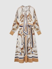 Reiss Ivory/Neutral Ellie Petite Foulard-Print Tie-Neck Midi Dress - Image 2 of 10