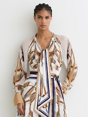 Reiss Ivory/Neutral Ellie Petite Foulard-Print Tie-Neck Midi Dress - Image 4 of 10