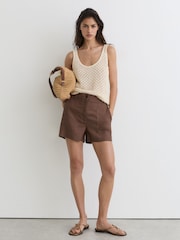 Reiss Chocolate Brown Ashby Linen Shorts - Image 1 of 6