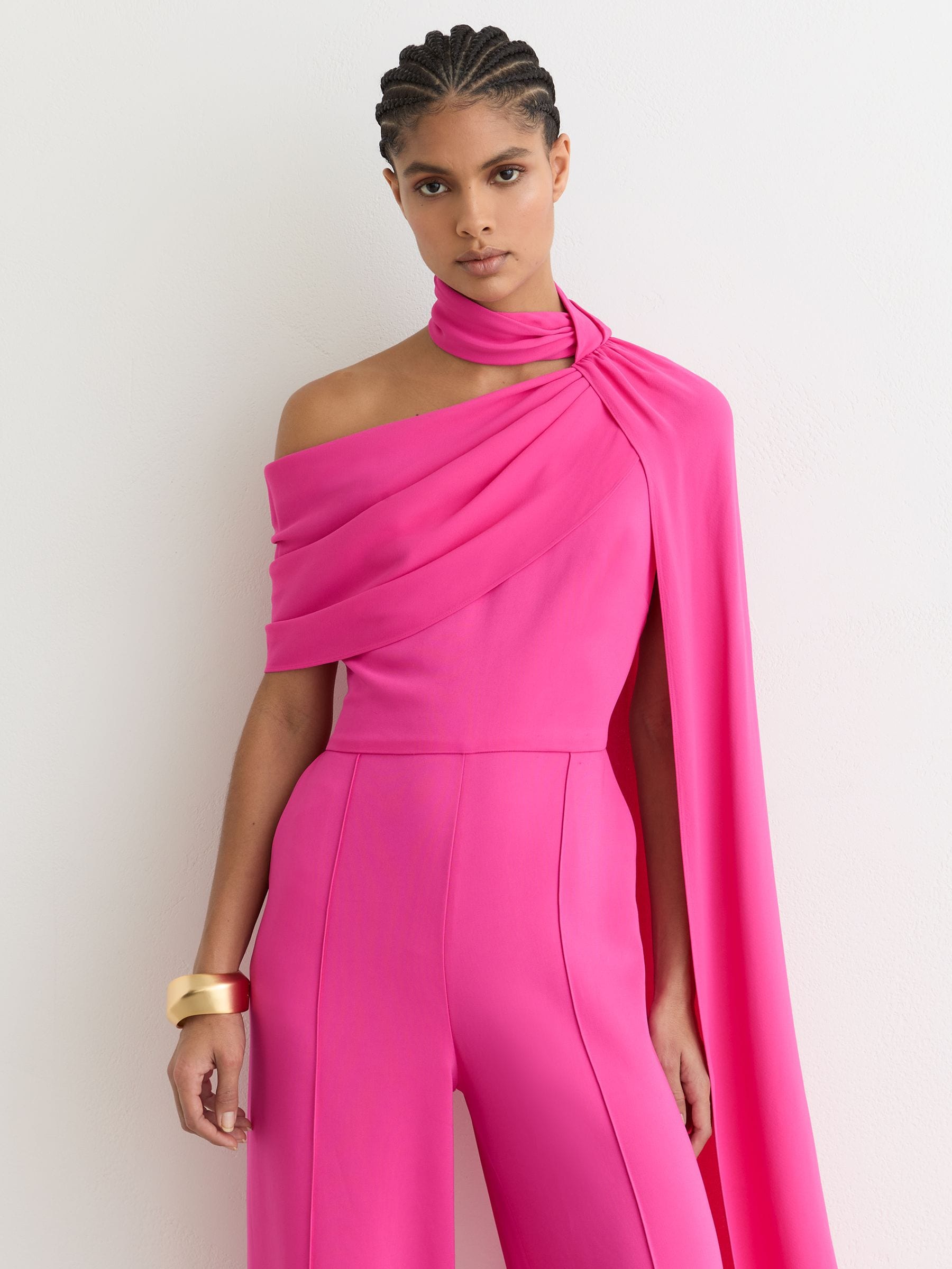 Buy Reiss Raspberry Pink Carrie One-Shoulder Drape Wide-Leg