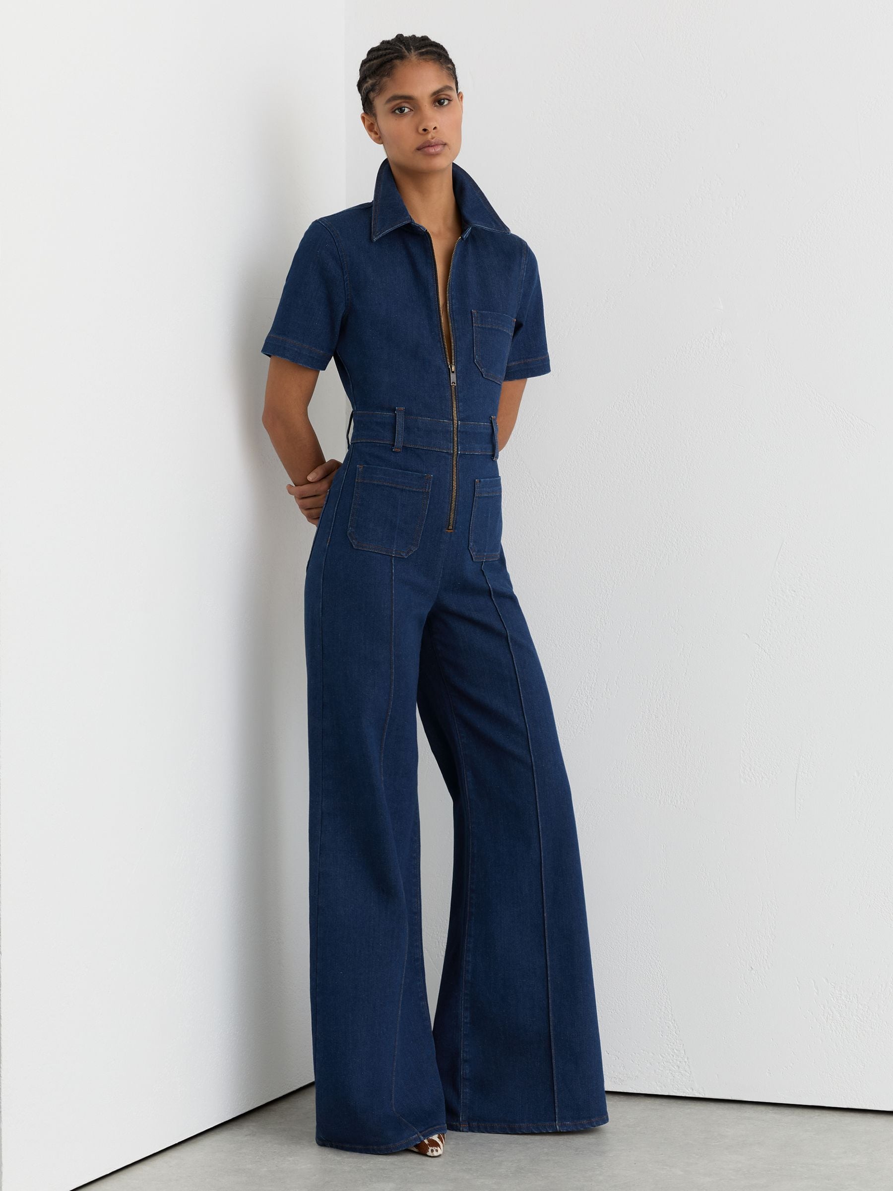 Buy Reiss Indigo Blue Danie Wide-Leg Zip-Through Denim Jumpsuit