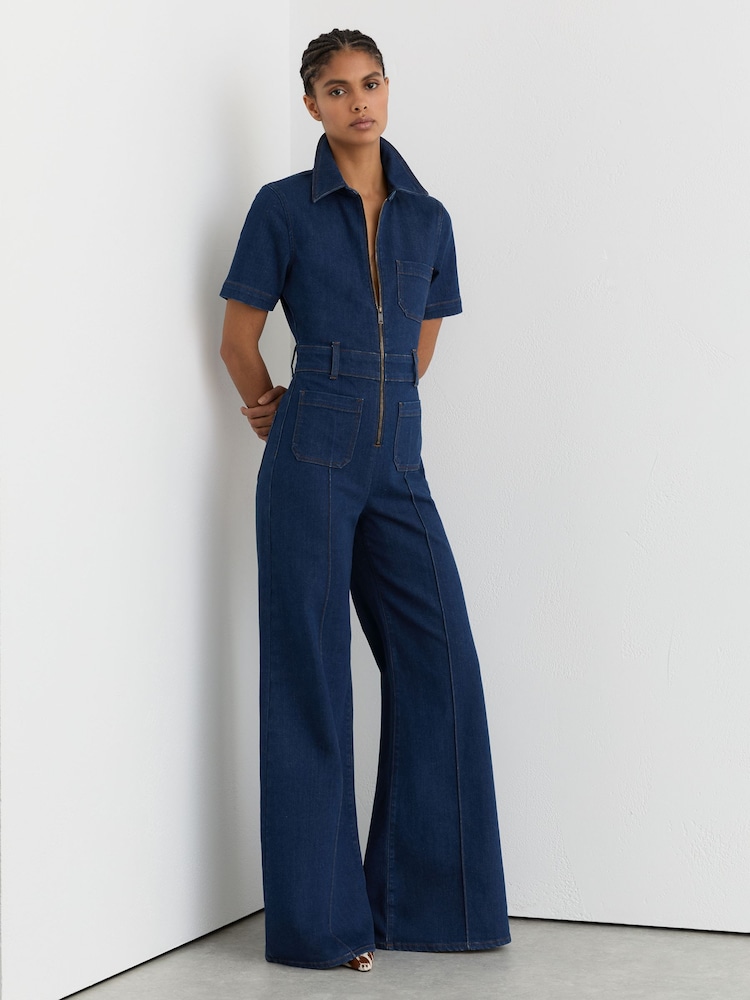 Reiss Indigo Blue Danie Wide-Leg Zip-Through Denim Jumpsuit - Image 1 of 7