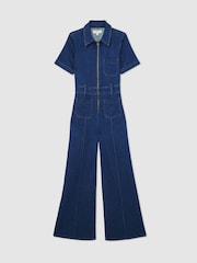 Reiss Indigo Blue Danie Wide-Leg Zip-Through Denim Jumpsuit - Image 2 of 7