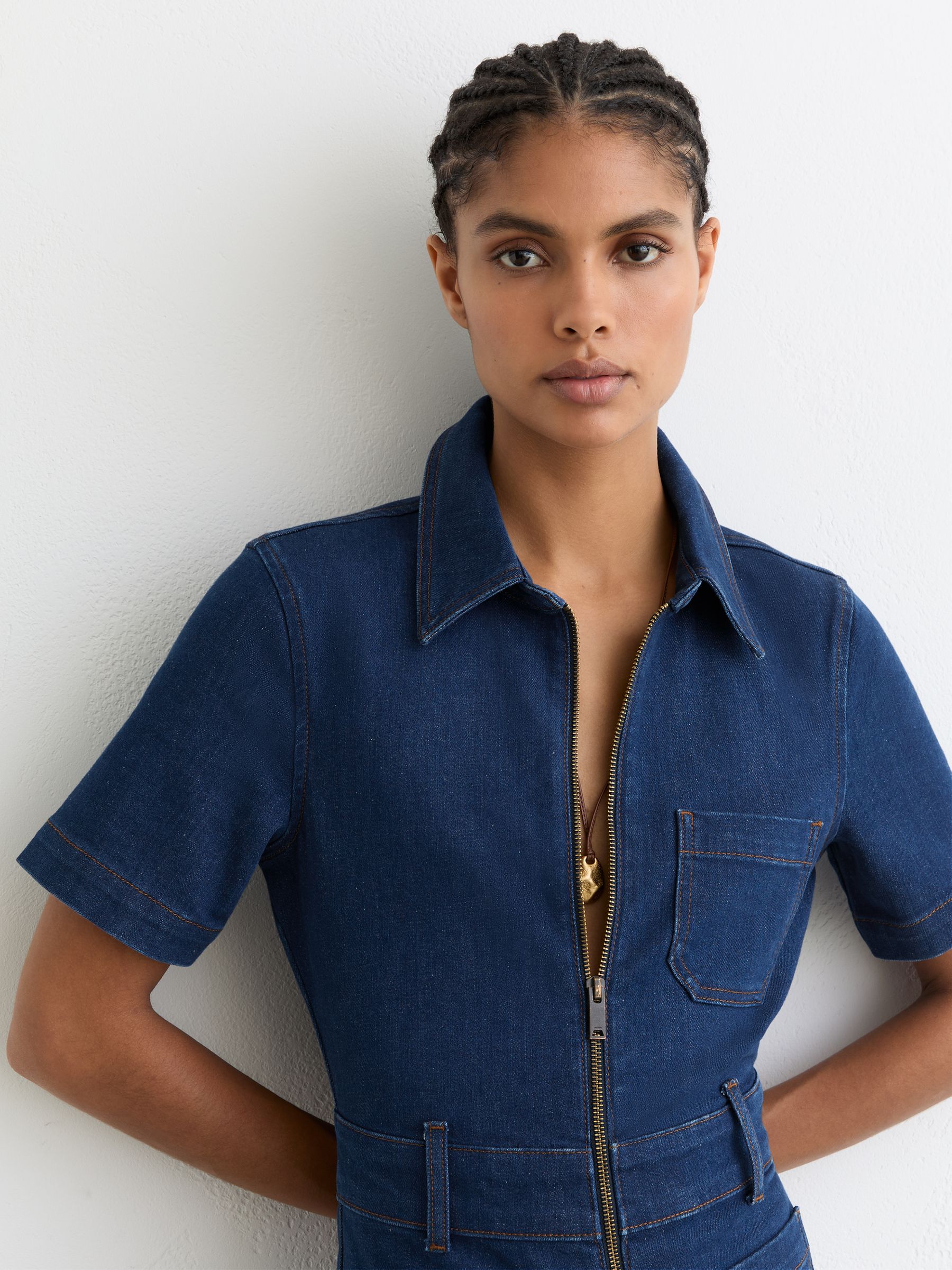 Buy Reiss Indigo Blue Danie Wide-Leg Zip-Through Denim Jumpsuit
