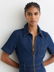 Reiss Indigo Blue Danie Wide-Leg Zip-Through Denim Jumpsuit - Image 3 of 7