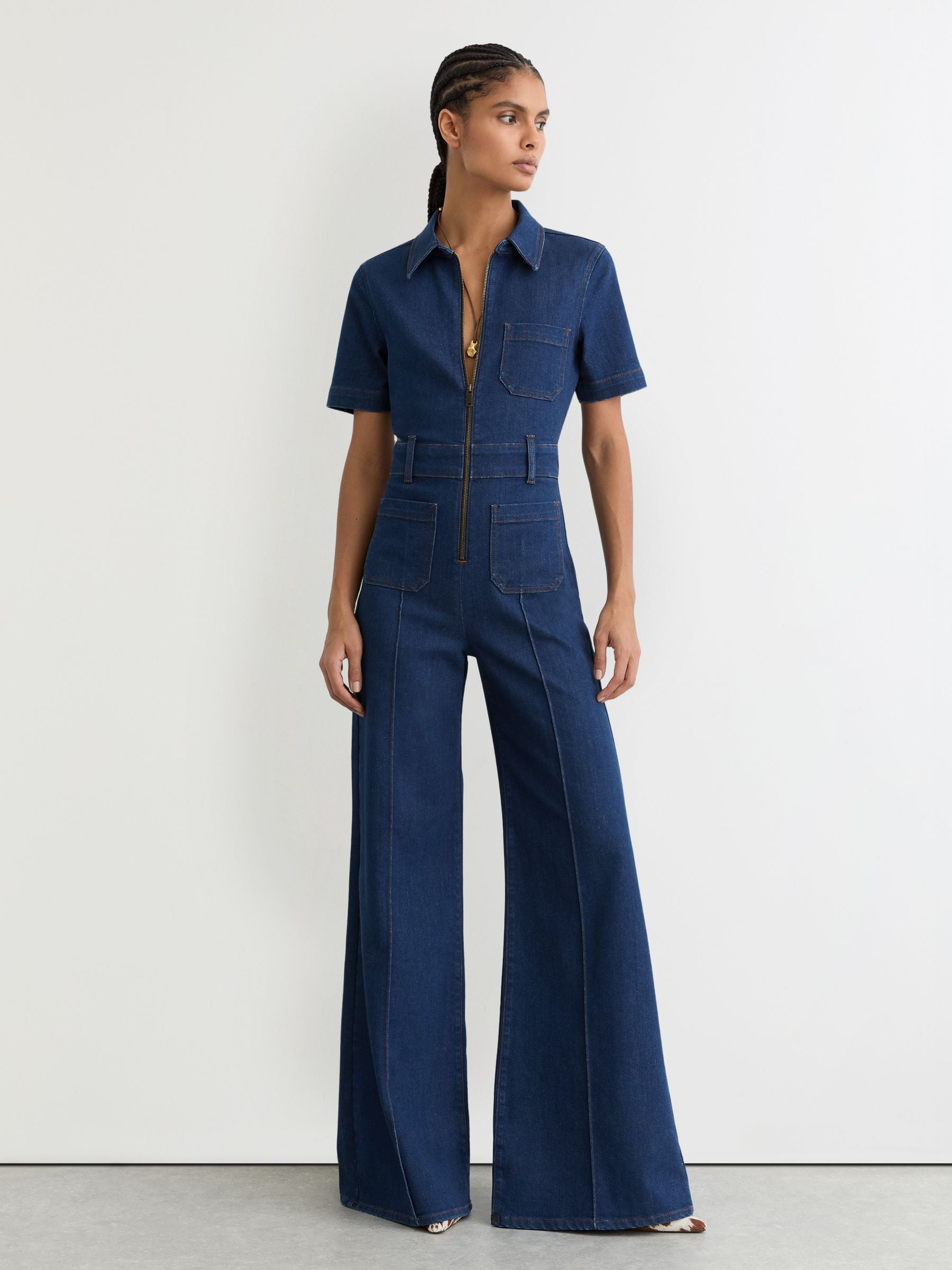 Buy Reiss Indigo Blue Danie Wide-Leg Zip-Through Denim Jumpsuit Buy Reiss Indigo Blue Danie Wide-Leg Zip-Through Denim Jumpsuit