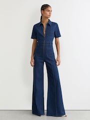 Reiss Indigo Blue Danie Wide-Leg Zip-Through Denim Jumpsuit - Image 5 of 7