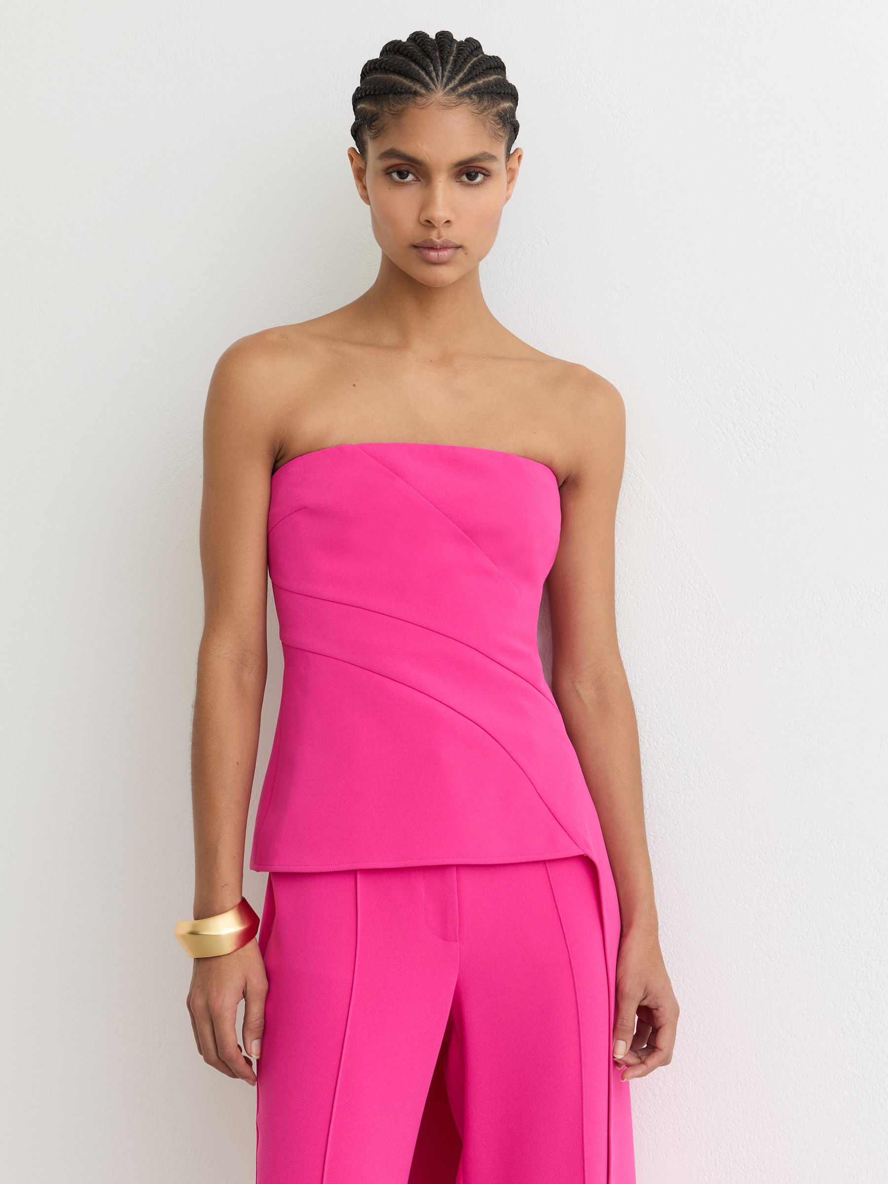 Buy Reiss Bright Pink Skye Strapless Drape-Detail Structured Top Buy Reiss Bright Pink Skye Strapless Drape-Detail Structured Top