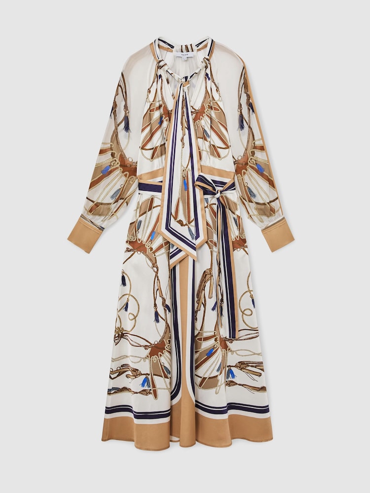 Reiss Ivory/Neutral Ellie Foulard-Print Tie-Neck Midi Dress - Image 2 of 9