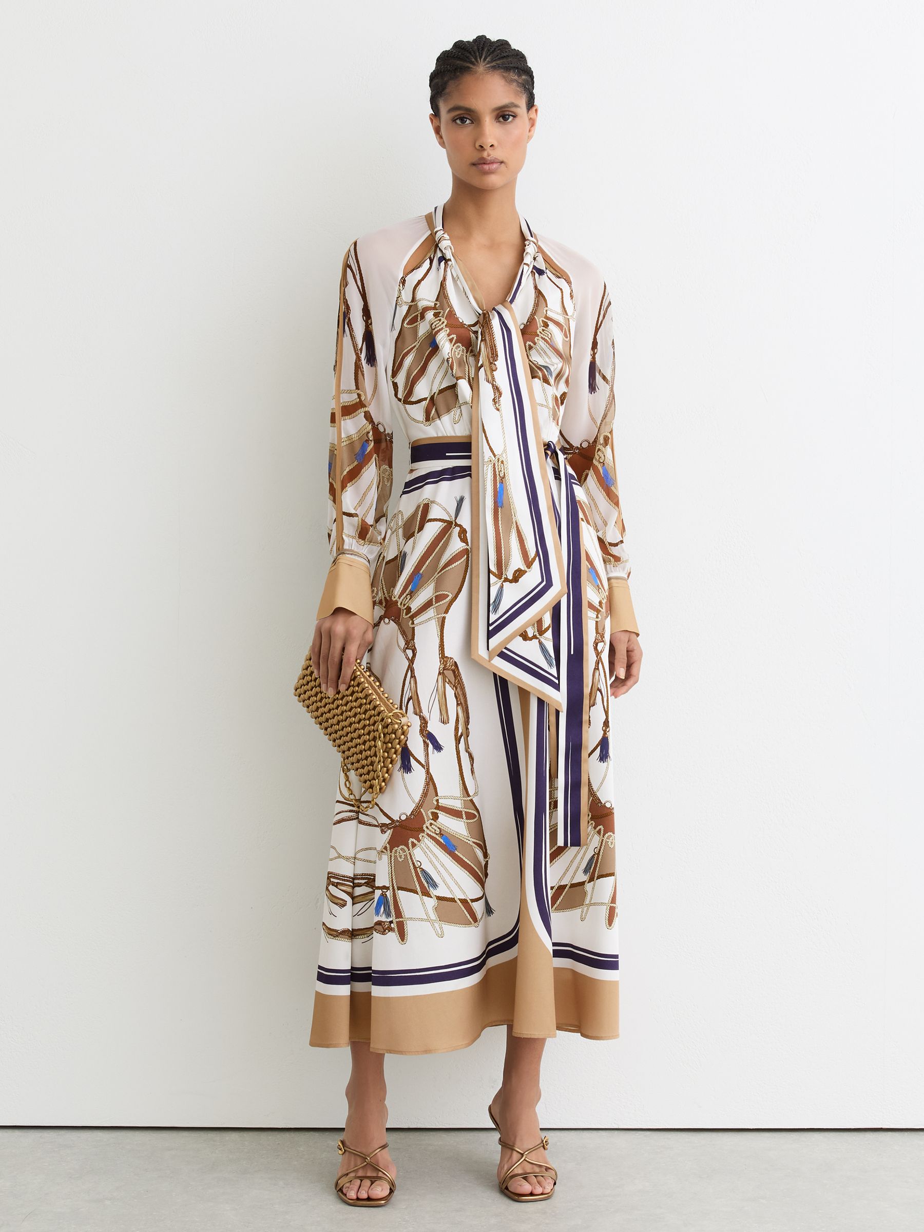 Buy Reiss Ivory/Neutral Ellie Foulard-Print Tie-Neck Midi Dress