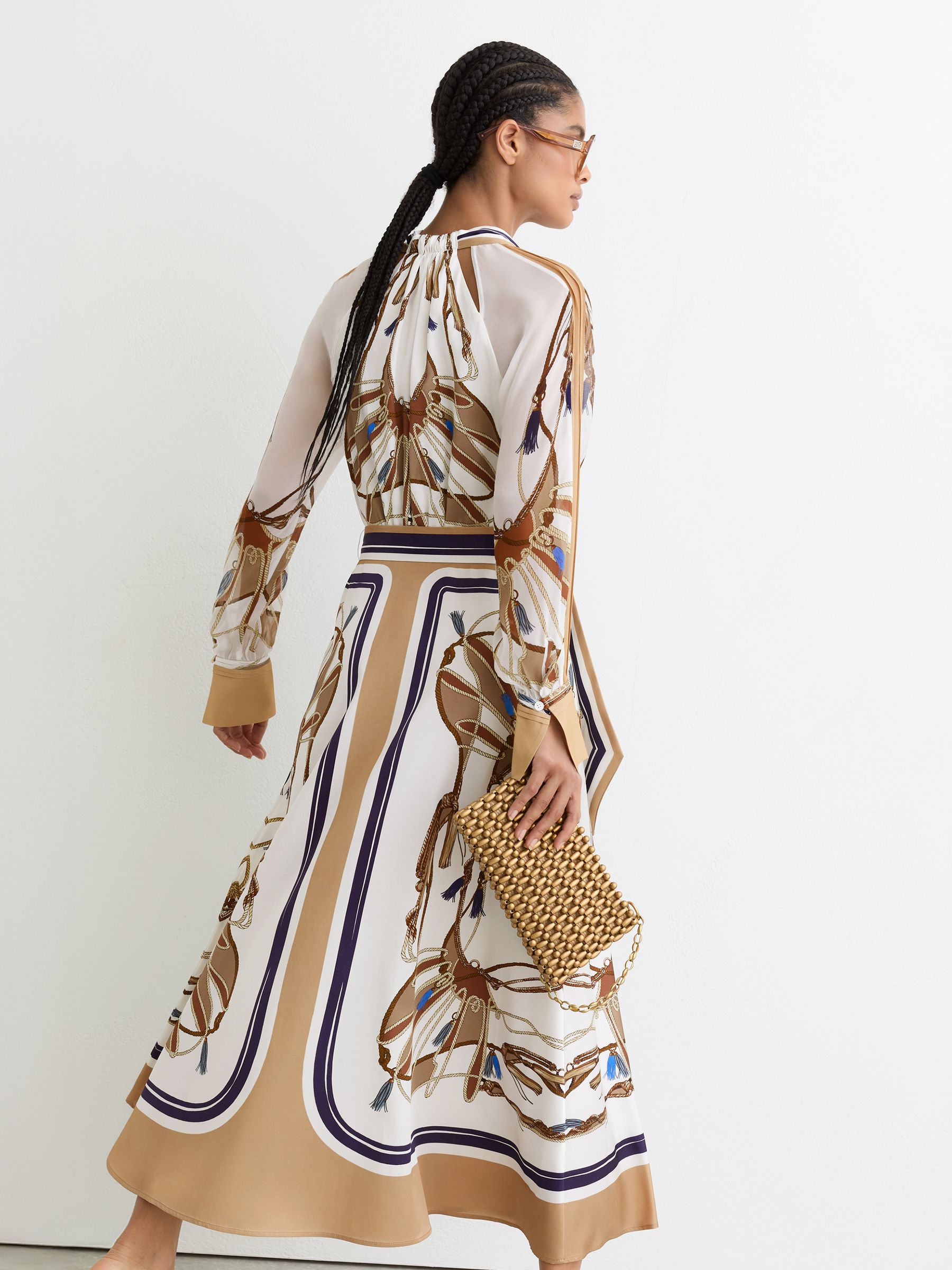 Buy Reiss Ivory/Neutral Ellie Foulard-Print Tie-Neck Midi Dress