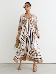 Reiss Ivory/Neutral Ellie Foulard-Print Tie-Neck Midi Dress - Image 7 of 9