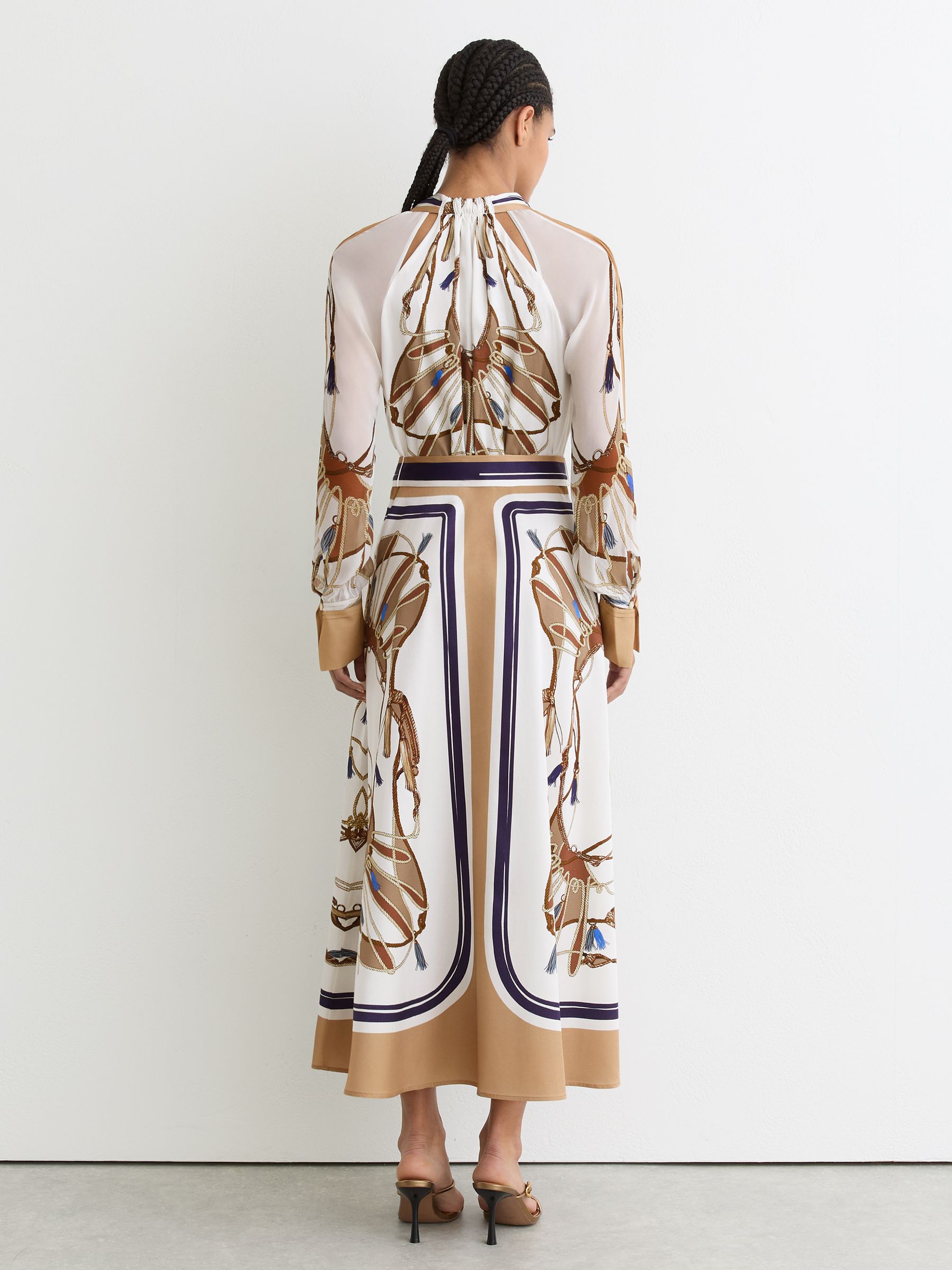 Buy Reiss Ivory/Neutral Ellie Foulard-Print Tie-Neck Midi Dress
