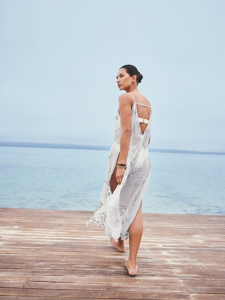 embroidered slip dress Womens Next Silver Sparkle Embroidered Slip Dress S-M (US 4-10)