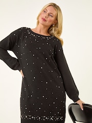 Roman Black Petite Embellished Knit Dress - Image 1 of 5