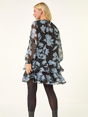 Roman Black Petite Floral Print Frill Swing Dress - Image 3 of 5