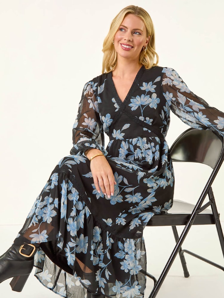 Roman Black Petite Floral Print Trim Midi Dress - Image 1 of 5 Roman Black Petite Floral Print Trim Midi Dress - Image 1 of 5