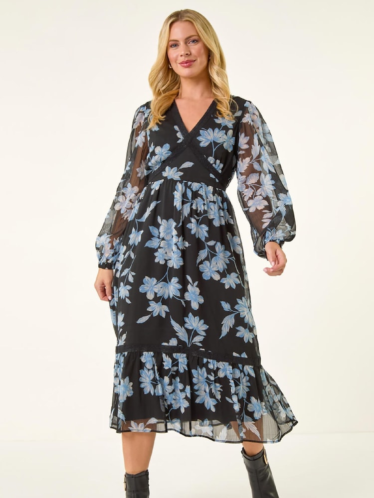 Roman Black Petite Floral Print Trim Midi Dress - Image 2 of 5 Roman Black Petite Floral Print Trim Midi Dress - Image 2 of 5