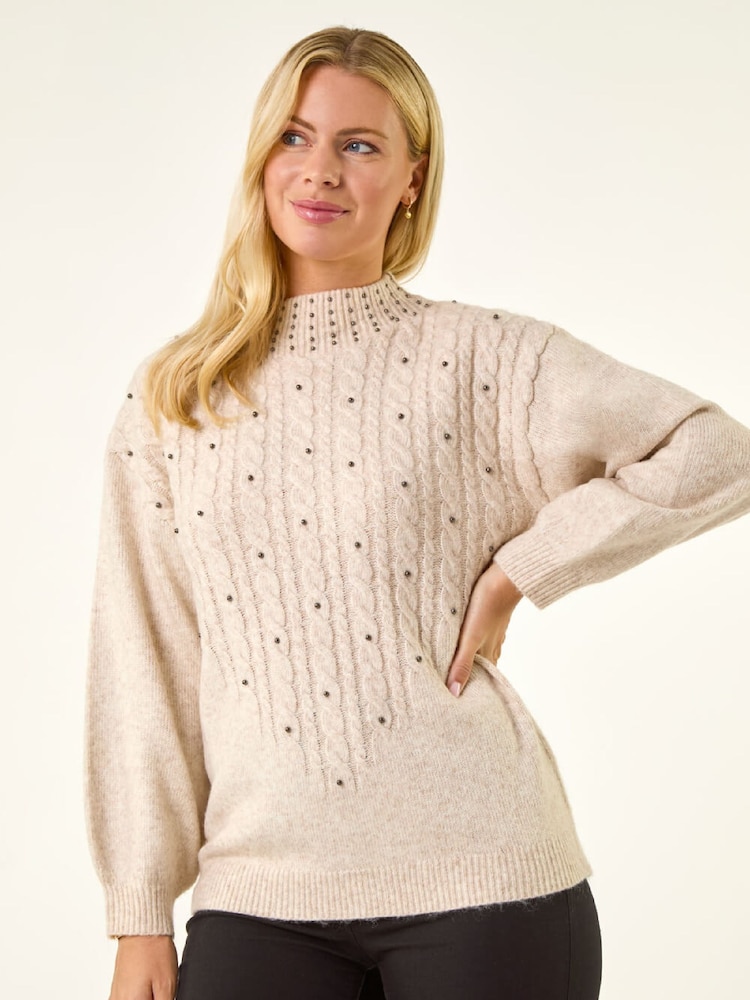 Roman White Petite Pearl Cable Knit Jumper - Image 2 of 5 Roman White Petite Pearl Cable Knit Jumper - Image 2 of 5