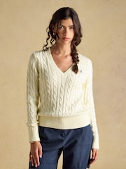 Joules Cream Classic V-Neck Cotton Cable Knit Jumper - Image 1 of 8
