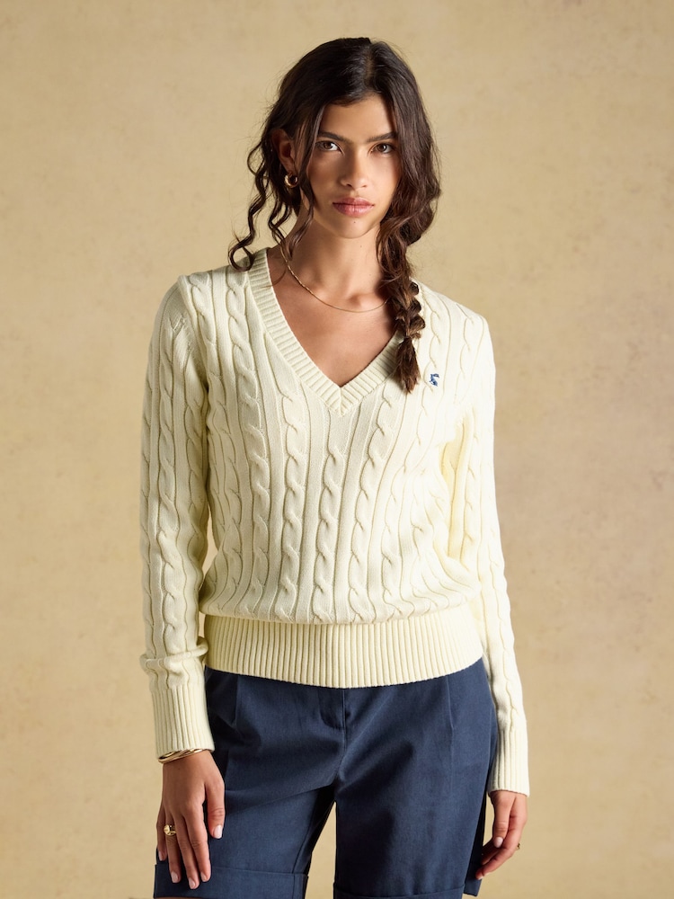 Joules Cream Classic V-Neck Cotton Cable Knit Jumper - Image 1 of 8