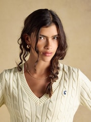 Joules Cream Classic V-Neck Cotton Cable Knit Jumper - Image 4 of 8