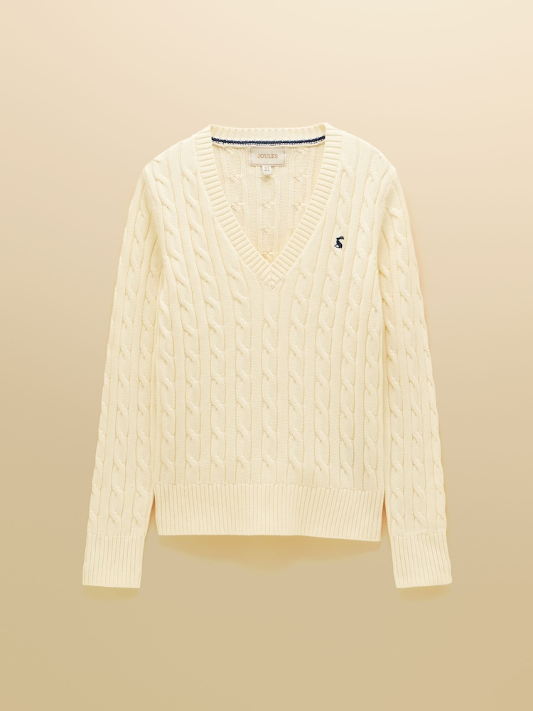 Joules Cream Classic V-Neck Cotton Cable Knit Jumper - Image 8 of 8