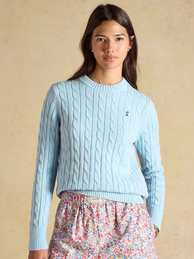 Joules Light Blue Classic Crew Neck Cotton Cable Knit Jumper - Image 1 of 8 Joules Light Blue Classic Crew Neck Cotton Cable Knit Jumper - Image 1 of 8