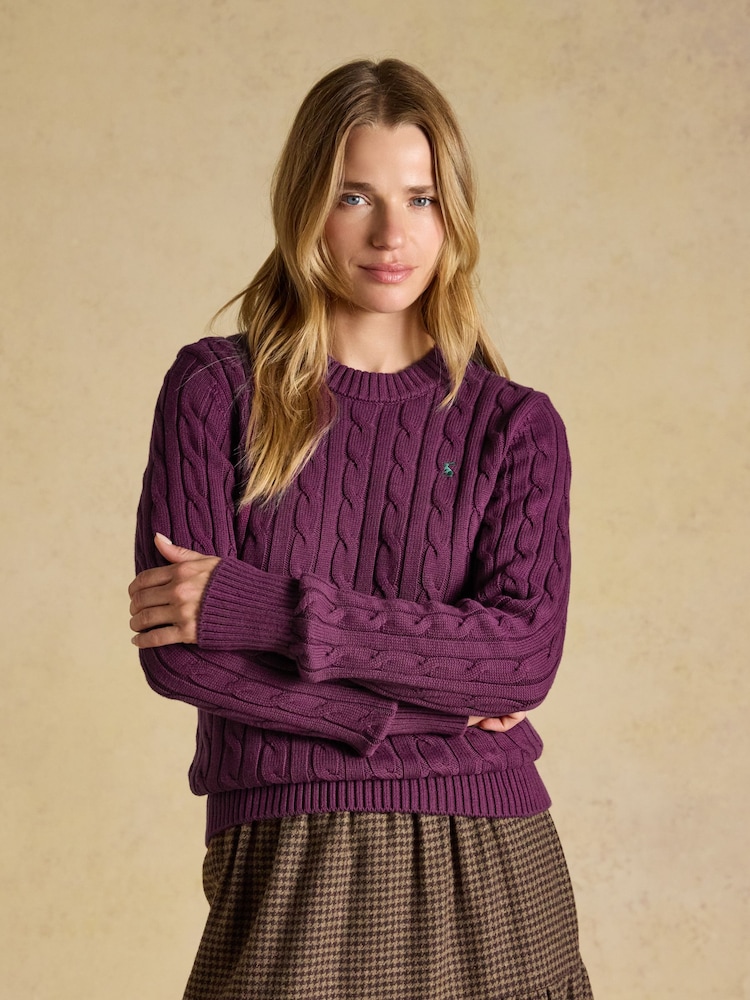 Joules Purple Berry Classic Crew Neck Cotton Cable Knit Jumper - Image 1 of 7 Joules Purple Berry Classic Crew Neck Cotton Cable Knit Jumper - Image 1 of 7