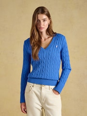 Joules Blue Classic V-Neck Cotton Cable Knit Jumper - Image 1 of 8