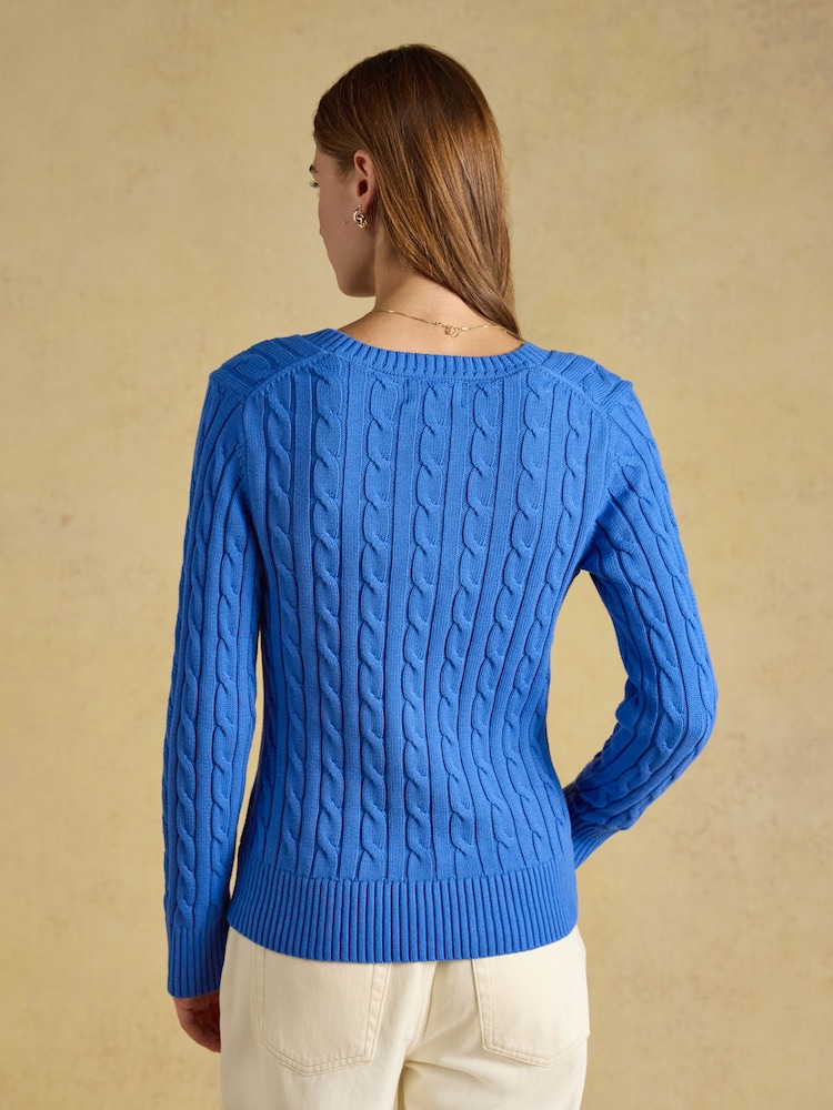 Joules Blue Classic V-Neck Cotton Cable Knit Jumper - Image 2 of 8 Joules Blue Classic V-Neck Cotton Cable Knit Jumper - Image 2 of 8