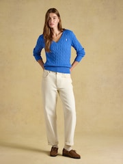 Joules Blue Classic V-Neck Cotton Cable Knit Jumper - Image 4 of 8
