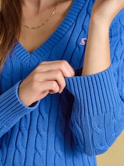 Joules Blue Classic V-Neck Cotton Cable Knit Jumper - Image 7 of 8