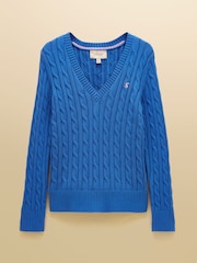Joules Blue Classic V-Neck Cotton Cable Knit Jumper - Image 8 of 8