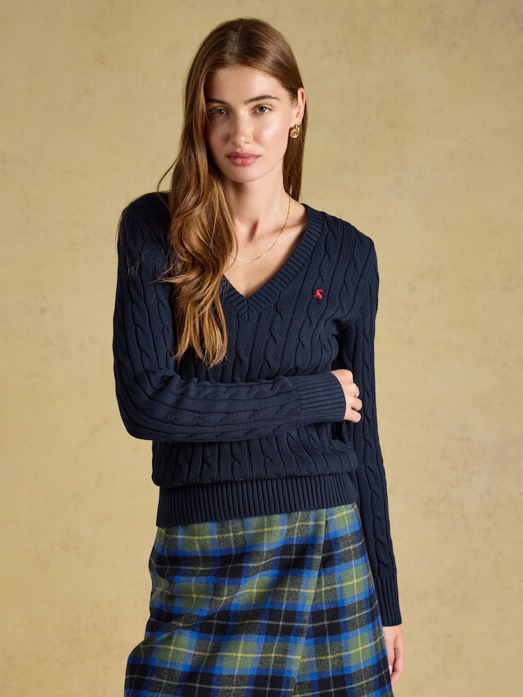 Joules Navy Classic V-Neck Cotton Cable Knit Jumper - Image 1 of 7 Joules Navy Classic V-Neck Cotton Cable Knit Jumper - Image 1 of 7