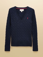Joules Navy Classic V-Neck Cotton Cable Knit Jumper - Image 7 of 7