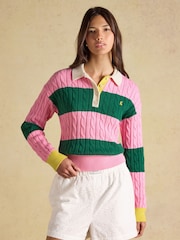 Joules Pink & Green Striped Cotton Cable Knitted Rugby Jumper - Image 2 of 8