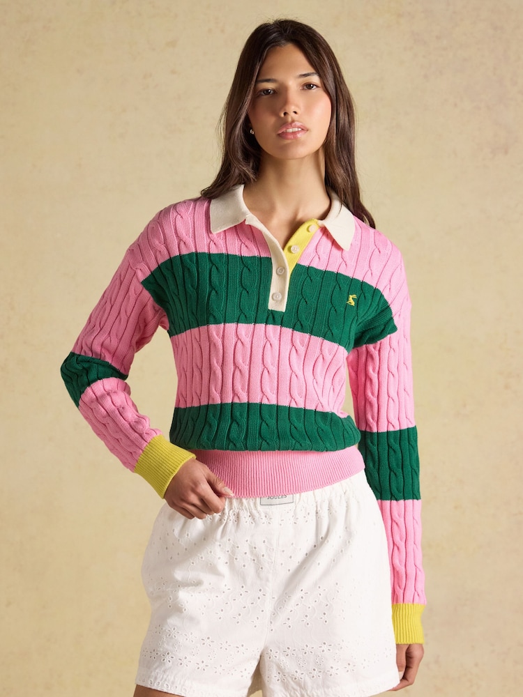Joules Pink & Green Striped Cotton Cable Knitted Rugby Jumper - Image 2 of 8 Joules Pink & Green Striped Cotton Cable Knitted Rugby Jumper - Image 2 of 8