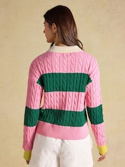 Joules Pink & Green Striped Cotton Cable Knitted Rugby Jumper - Image 3 of 8