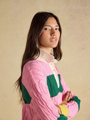 Joules Pink & Green Striped Cotton Cable Knitted Rugby Jumper - Image 4 of 8